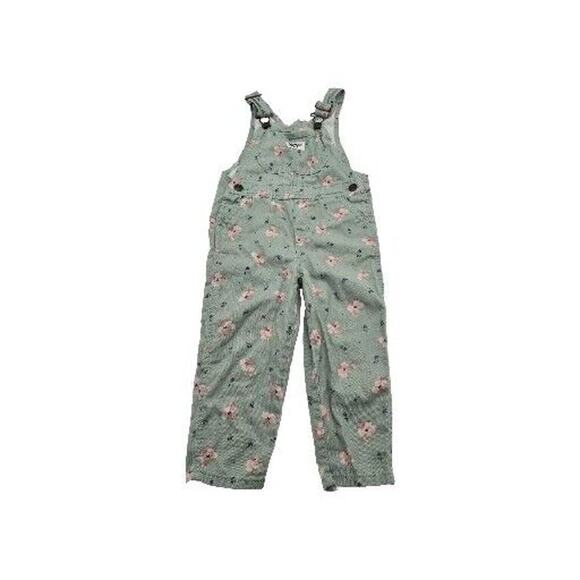 Oshkosh Overalls Size 3T Girls Toddler Green Pink Floral Jumpsuit BGosh Vintage - Picture 2 of 12
